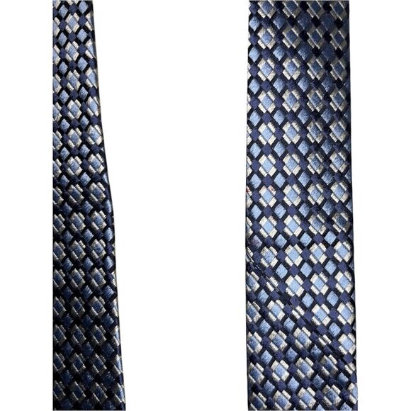Gianfranco Ferre Silk Tie Blue Silver Geometric Square Pattern Made in Italy - Picture 7 of 10